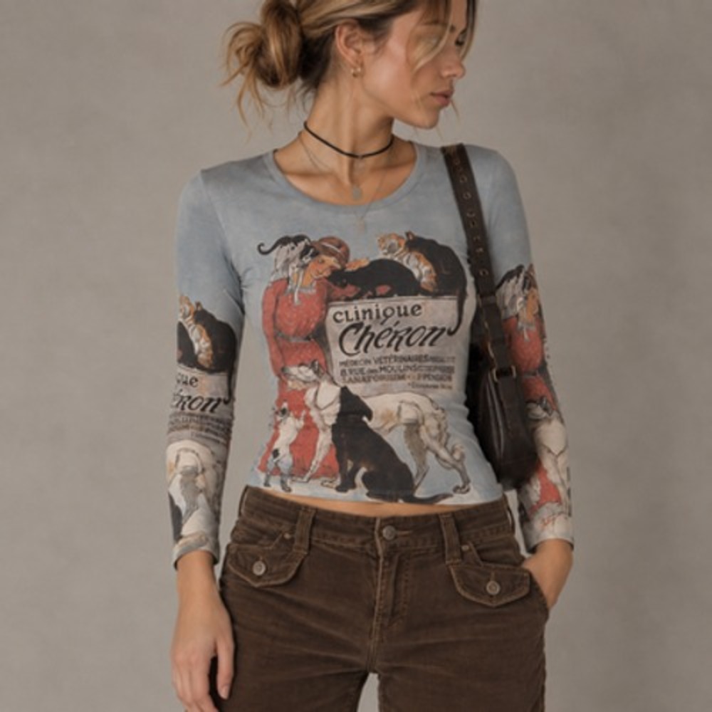 Breeke Y2K Top Womens Small Clinique Cheron Cat Dog Graphic 3/4 Sleeve Tee Shirt